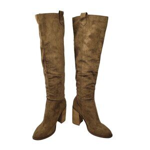 Oasis Society  Vegan Faux Suede Knee-High‎ Boots Sz 6.5 Tan Tall Heeled Riding